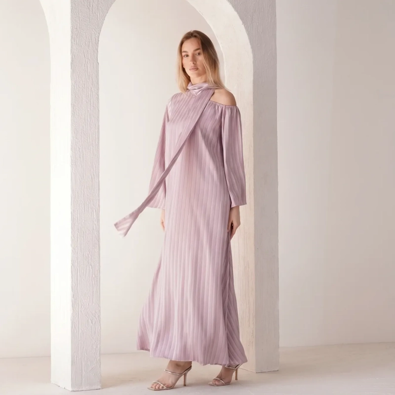 Women's Striped Tie-Neck Maxi Dress with Belt  - Elegant Evening Wear - Pink
