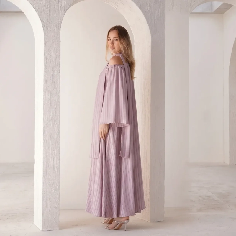 Women's Striped Tie-Neck Maxi Dress with Belt  - Elegant Evening Wear - Pink