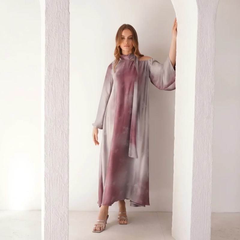 Women's Floral Tie-Neck Maxi Dress With Belt  - Elegant Evening Wear - Purple