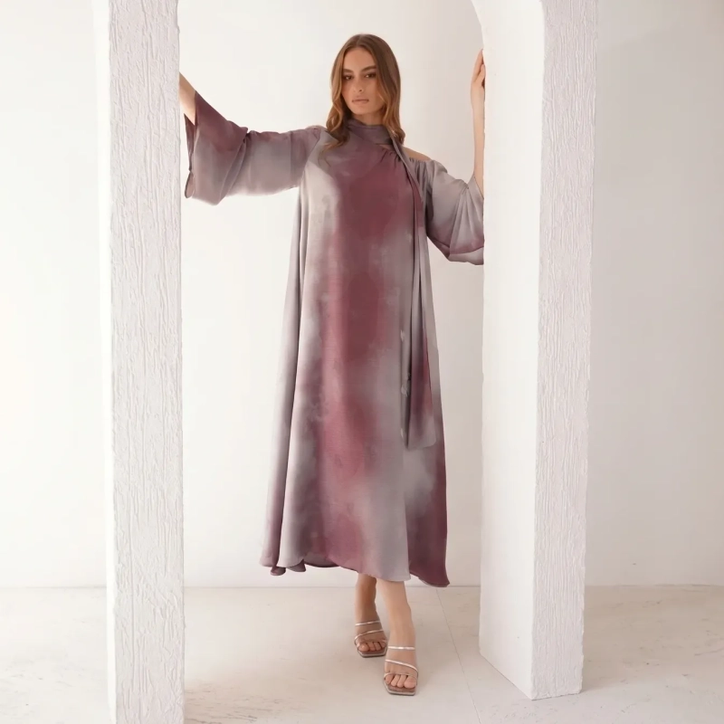 Women's Floral Tie-Neck Maxi Dress With Belt  - Elegant Evening Wear - Purple
