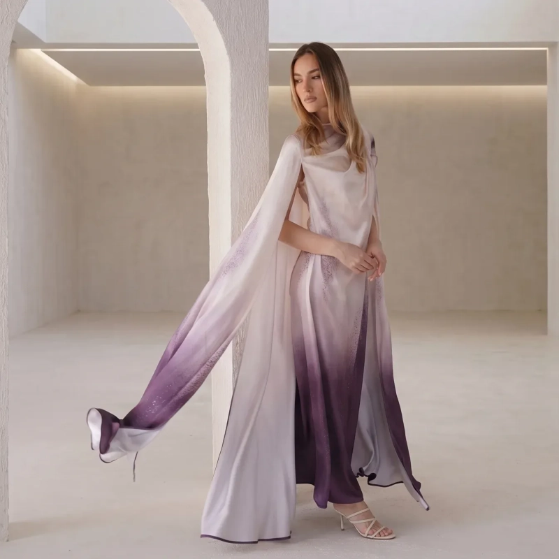 Women's Ombr&eacute; Flowing Maxi Dress - Elegant Gradient Evening Wear - Cream &amp; Purple
