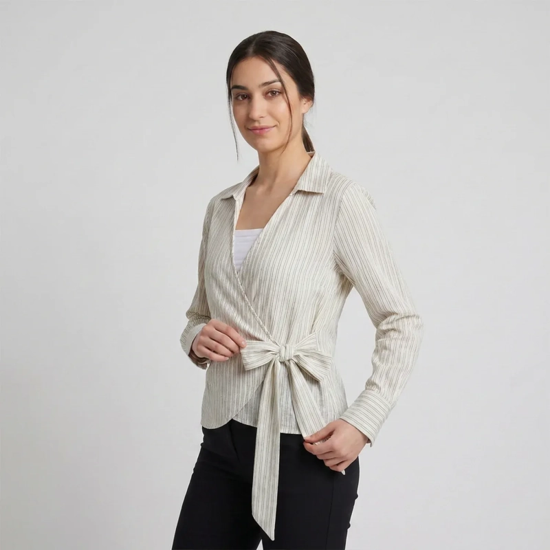 Women's Regular Wrap Shirt - Sophisticated Casual &amp; Elevated Evening Wear - Beige/Black