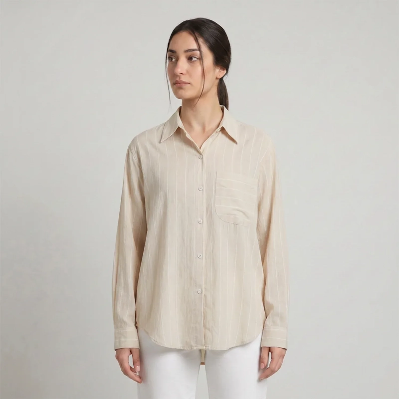 Women's Regular Striped Shirt - Effortless Casual &amp; Smart-Casual Wear - Beige