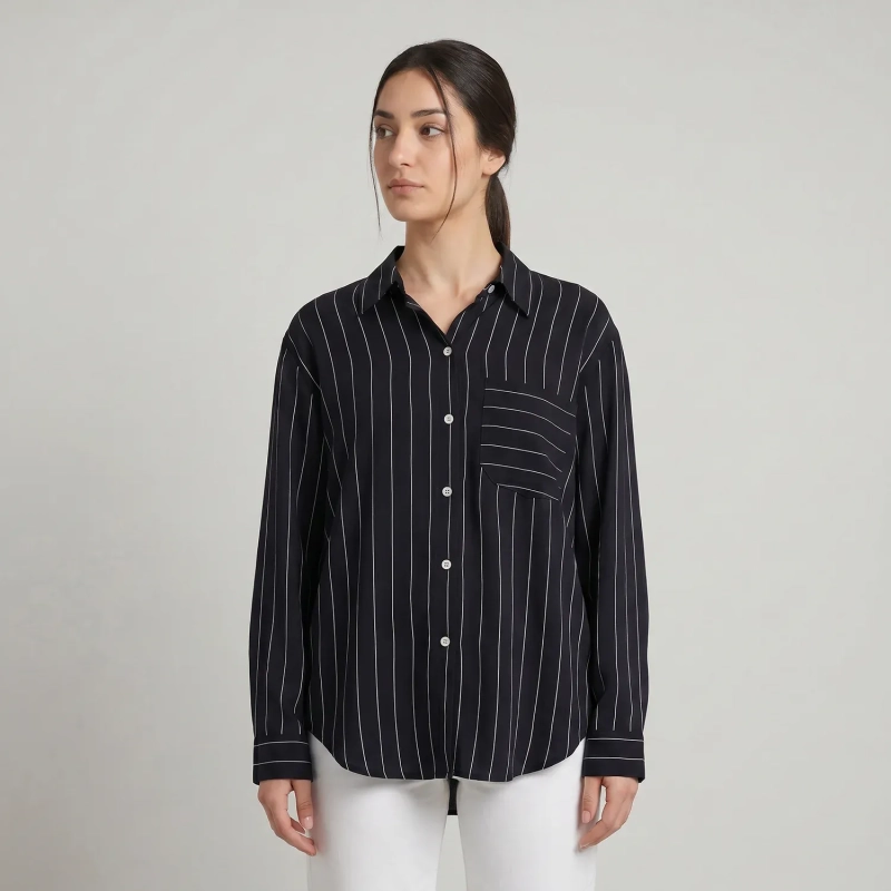 Women's Regular Striped Shirt - Effortless Casual &amp; Smart-Casual Wear - Black