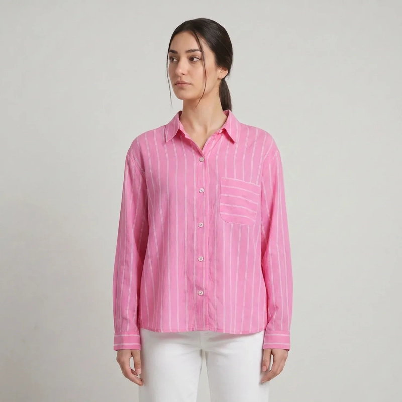 Women's Regular Striped Shirt - Effortless Casual &amp; Smart-Casual Wear - Pink