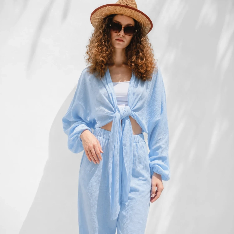 Women's Regular Sophisticated Shirt - Casual Luxury &amp; Effortless Resort Wear - Powder Blue