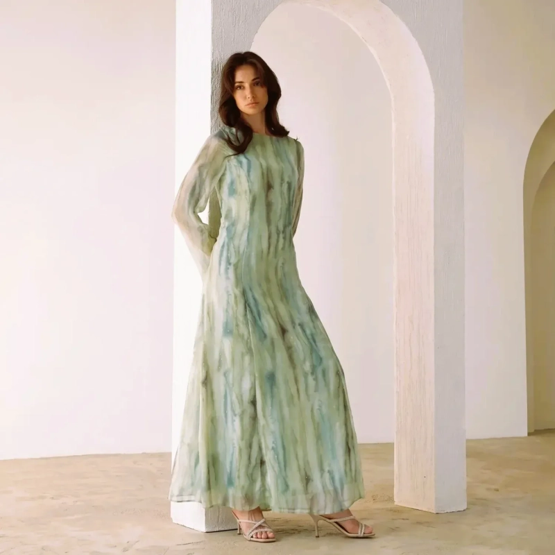 Women's Printed Flowing Maxi Dress - Elegant Nature-Inspired Evening Wear - Green