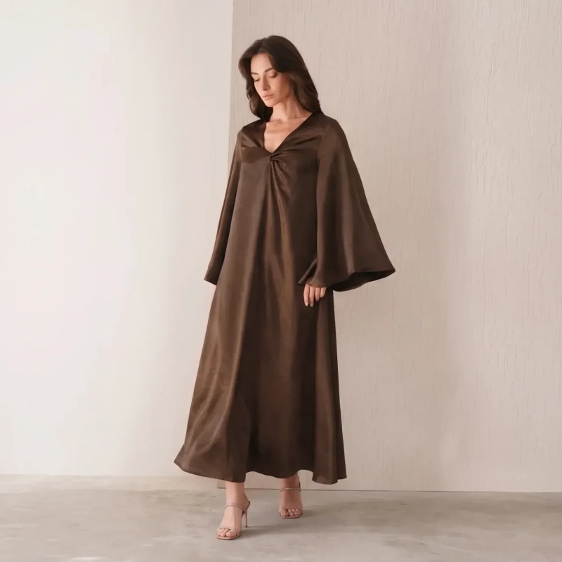 Women's Knot Detailing Maxi Dress - Elegant Evening Wear - Brown