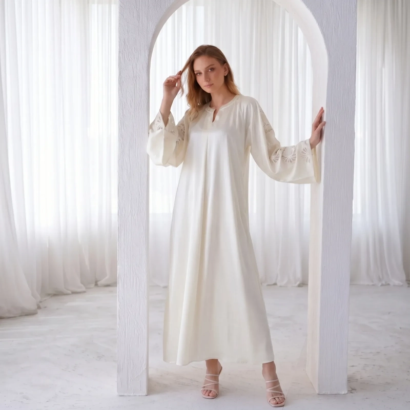 Women's Organza Sleeves Maxi Dress - Elegant Evening Wear - Ivory White