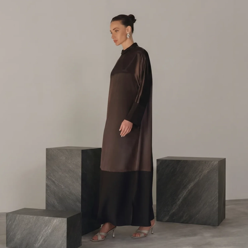Women's Regular A-Line Silhouette Long Sleeves Dress  With Statement Brooch &mdash; Daytime Socials, Luxury Resort Lounging &amp; Summer Escapes &mdash; Brown