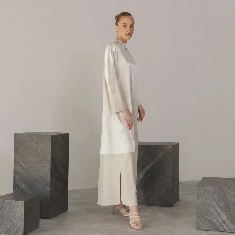 Women's Regular A-Line Silhouette Long Sleeves Dress  With Statement Brooch &mdash; Daytime Socials, Luxury Resort Lounging &amp; Summer Escapes &mdash; Cream
