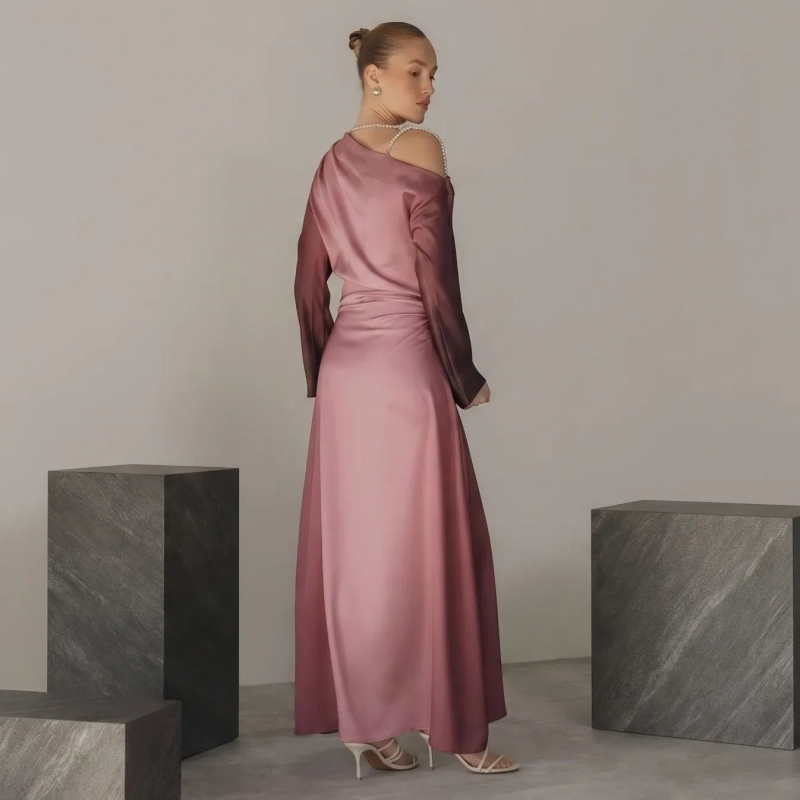Women's Premium Silk Styling Dress &mdash; Long-Sleeve Asymmetrical Fluid Drape Dress &mdash; Daytime Socials, Luxury Resort Lounging &amp; Summer Escapes &mdash; Dusty Rose