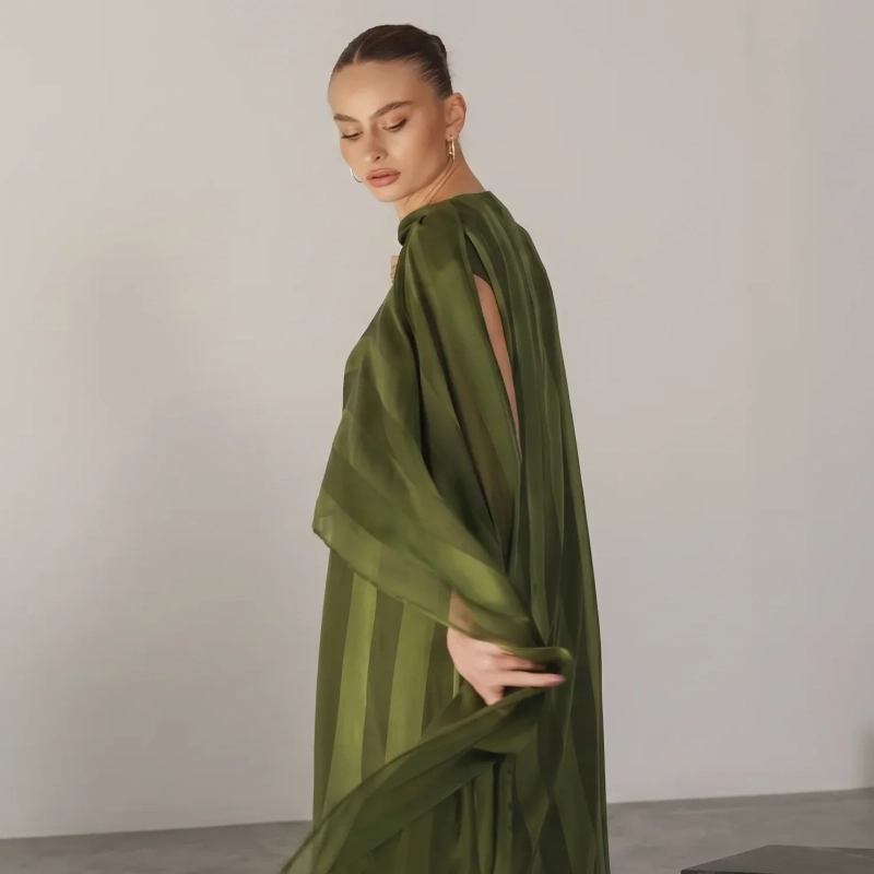 Women's Premium Evening Gown &mdash; Integrated Scarf Asymmetrical Maxi Dress With Left Sleeve &mdash; Daytime Socials, Luxury Resort Wear &amp; Sunset Soir&eacute;es &mdash; Olive Green