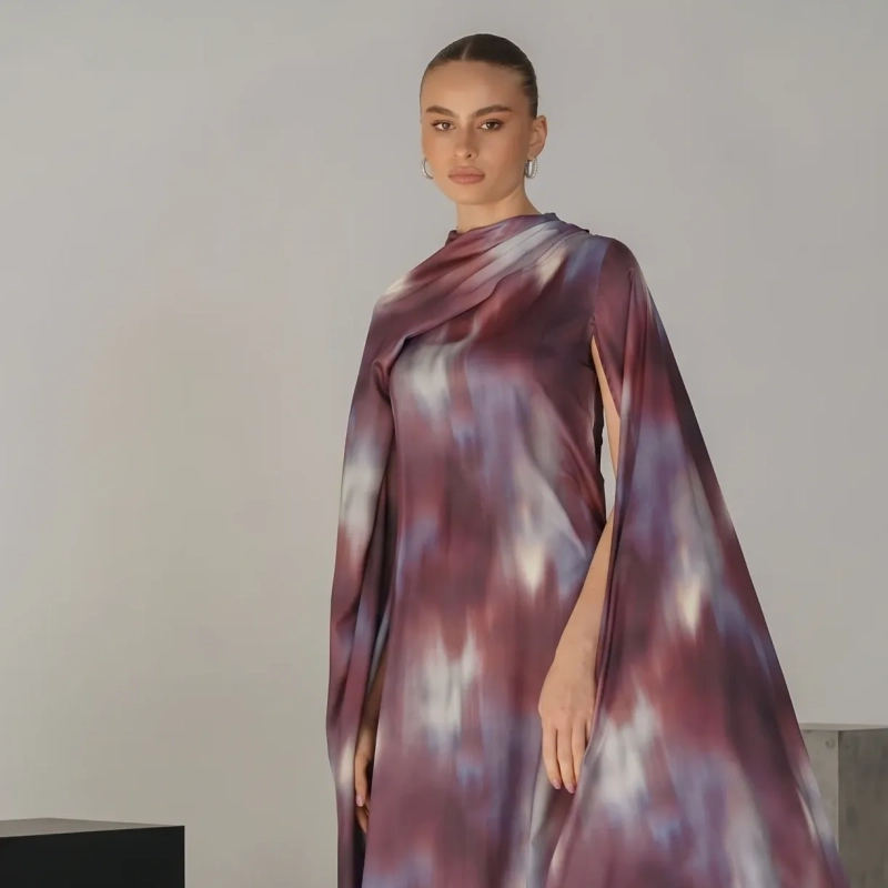 Women's Regular Flowing Cape  Sleeves Silhouette Dress - For Upscale Evening Socials, Beachfront Galas, Or Elite Resort Dining - Purple