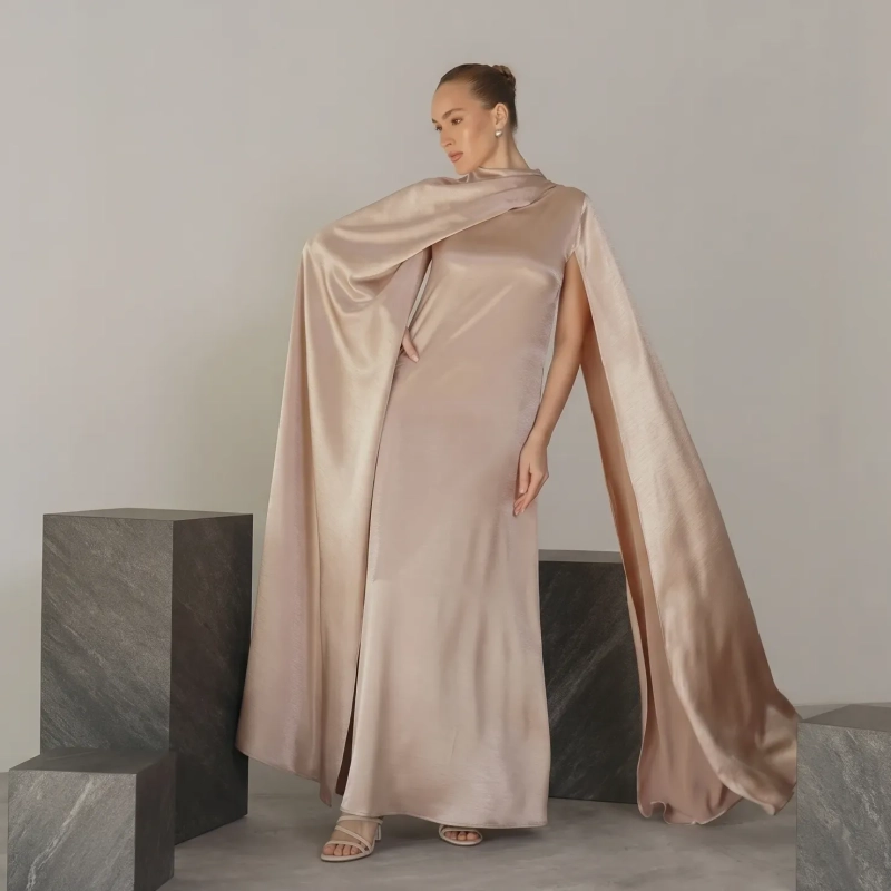 Women's Regular Flowing Cape Sleeves Silhouette Dress  - For Upscale Evening Socials, Beachfront Galas, Or Elite Resort Dining -  Beige