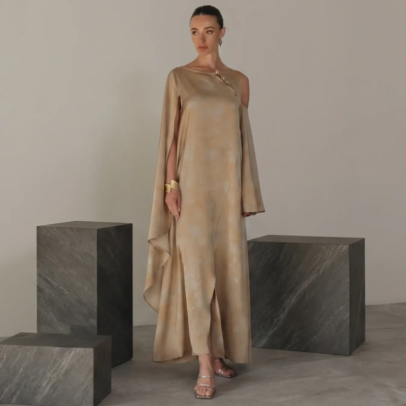 Women's Regular Asymmetrical Cape Maxi Silhouette Dress - Asymmetric Sleeveless &amp; Single Cape Sleeve Printed Maxi Dress For Formal Galas, Seasonal Upscale Events, Or Exclusive Evening Soir&eacute;es. - Beige