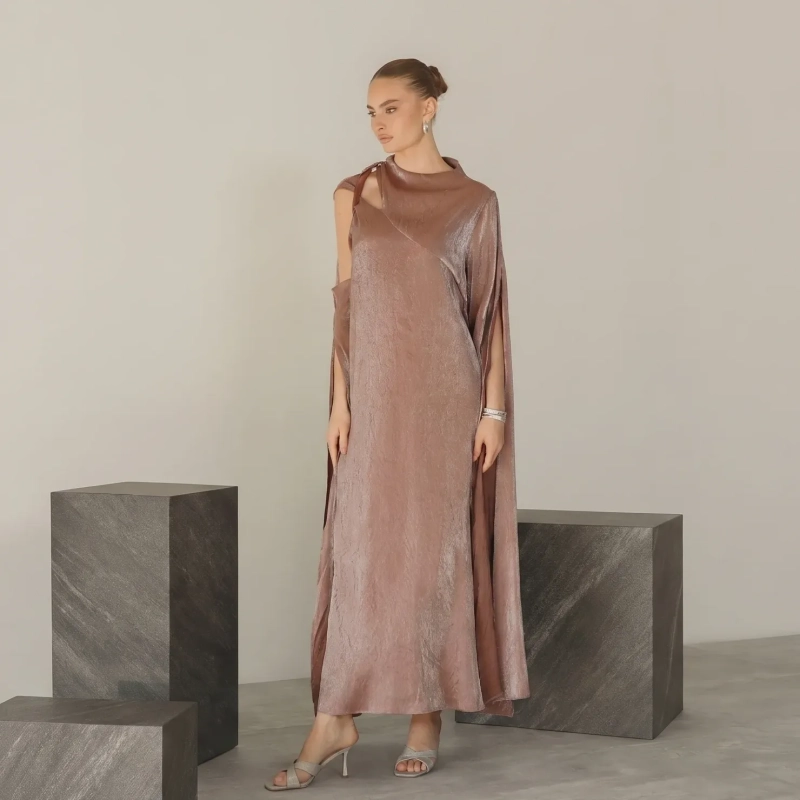 Women's Premium Evening Gown &mdash; Asymmetrical Single Cape Satin Maxi Dress With Statement Brooch &mdash; Daytime Socials, Luxury Resort Wear &amp; Sunset Soir&eacute;es &mdash; Brown