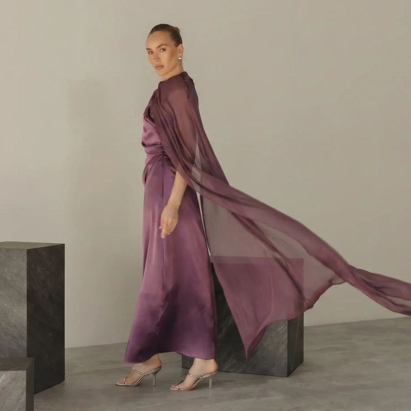 Women's Premium Evening Gown &mdash; Integrated Side Scarf Draped Maxi Dress &mdash; Daytime Socials, Luxury Resort Wear &amp; Sunset Soir&eacute;es &mdash; Plum Purple