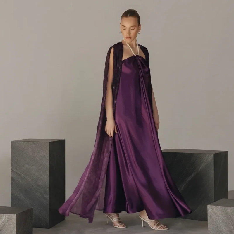 Women's Premium Evening Gown &mdash;Integrated Sheer Cape &amp; Pearl Choker Maxi Dress &mdash; Daytime Socials, Luxury Resort Wear &amp; Sunset Soir&eacute;es &mdash; Purple