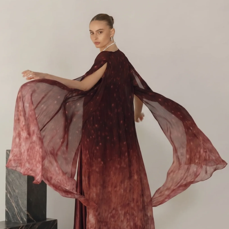 Women's Premium Evening Gown &mdash; Integrated Sheer Cape &amp; Pearl Choker Maxi Dress &mdash; Daytime Socials, Luxury Resort Wear &amp; Sunset Soir&eacute;es &mdash; Copper