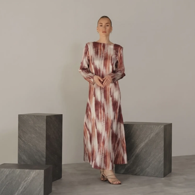 Women's Regular Flowing Maxi Silhouette Dress &mdash; Draped Back Elegant Wear &mdash; For Seasonal Events, Wedding Guest Styling, Or Exclusive Evening Soir&eacute;es &mdash; Rust Printed